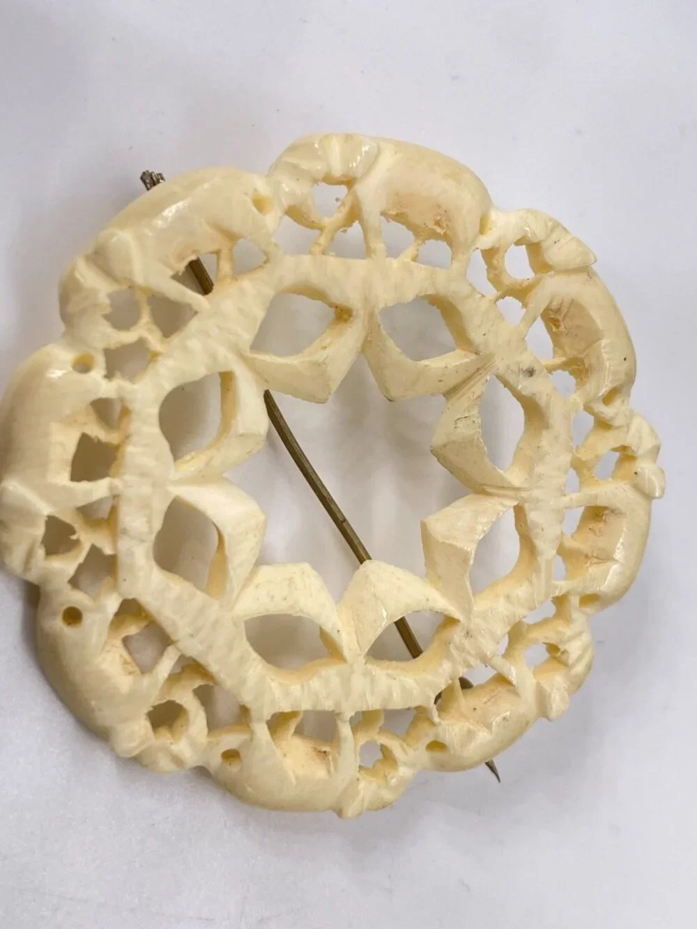 Cellulite Bovine Pin Brooch Carved Round Elephant Circular Trunk Tail OOAK